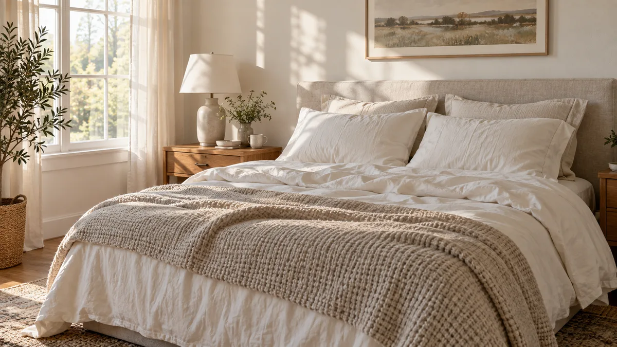 Sunlit bedroom with neutral sheets and a textured blanket