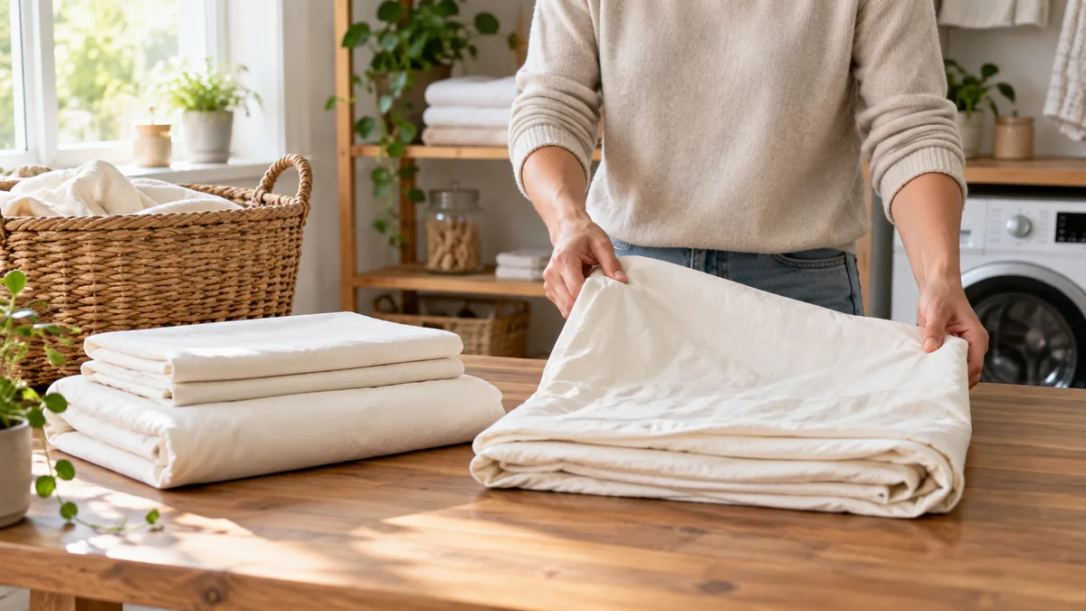 Folding clean sheets in a bright home laundry space