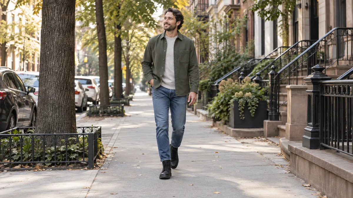 Editorial illustration of casual boots styled with jeans on a city sidewalk